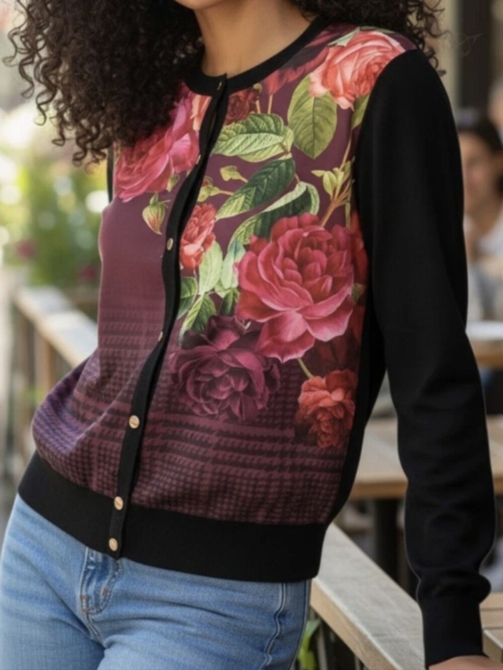 Ted Baker Burgundy Floral Bomber Jacket with Black Sleeves